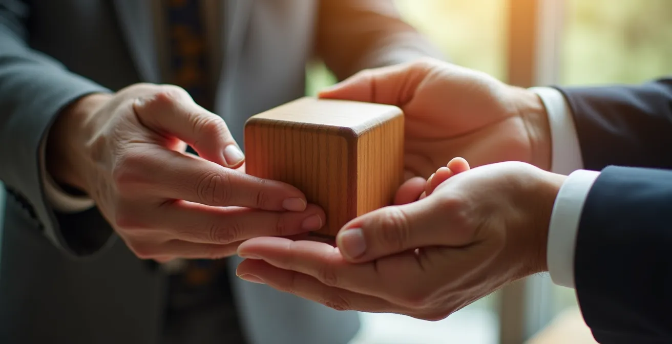 Mains de différentes générations échangeant symboliquement un objet représentant la transmission d'entreprise