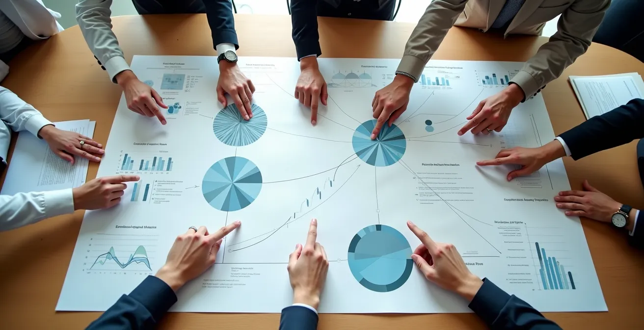 Vue de dessus d'une table de conférence avec documents étalés et mains pointant vers des éléments clés lors d'une vérification diligente