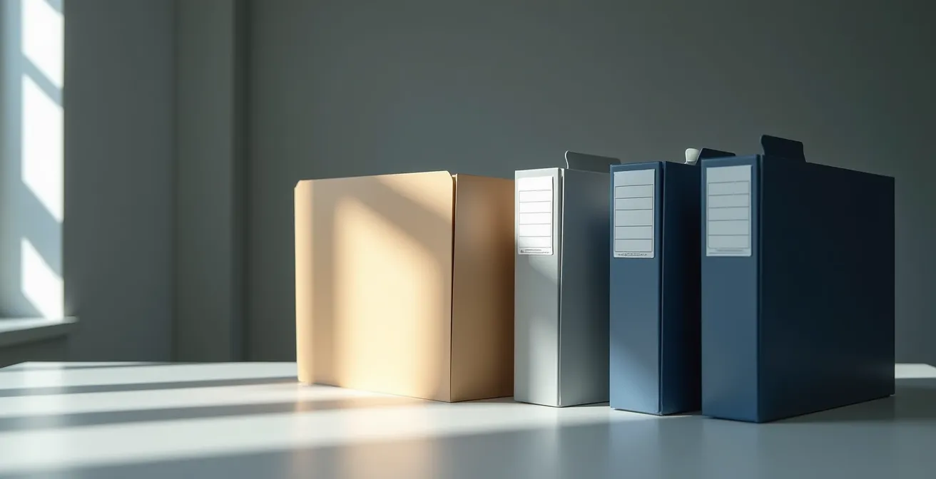 Composition symbolique de dossiers d'entreprise dans l'ombre et la lumière